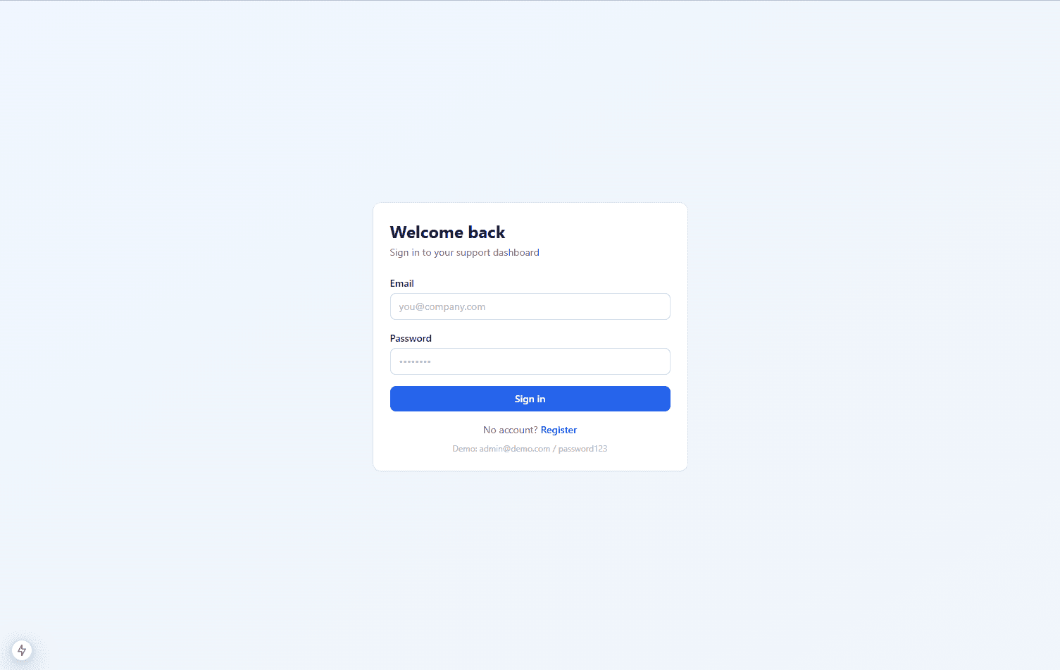 Login screen for the support platform