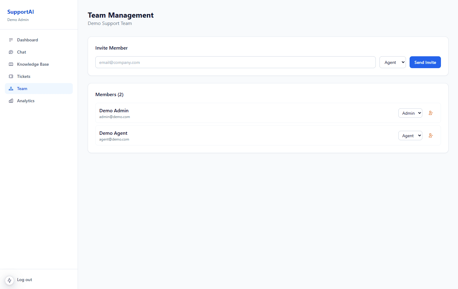 Team and user management screen