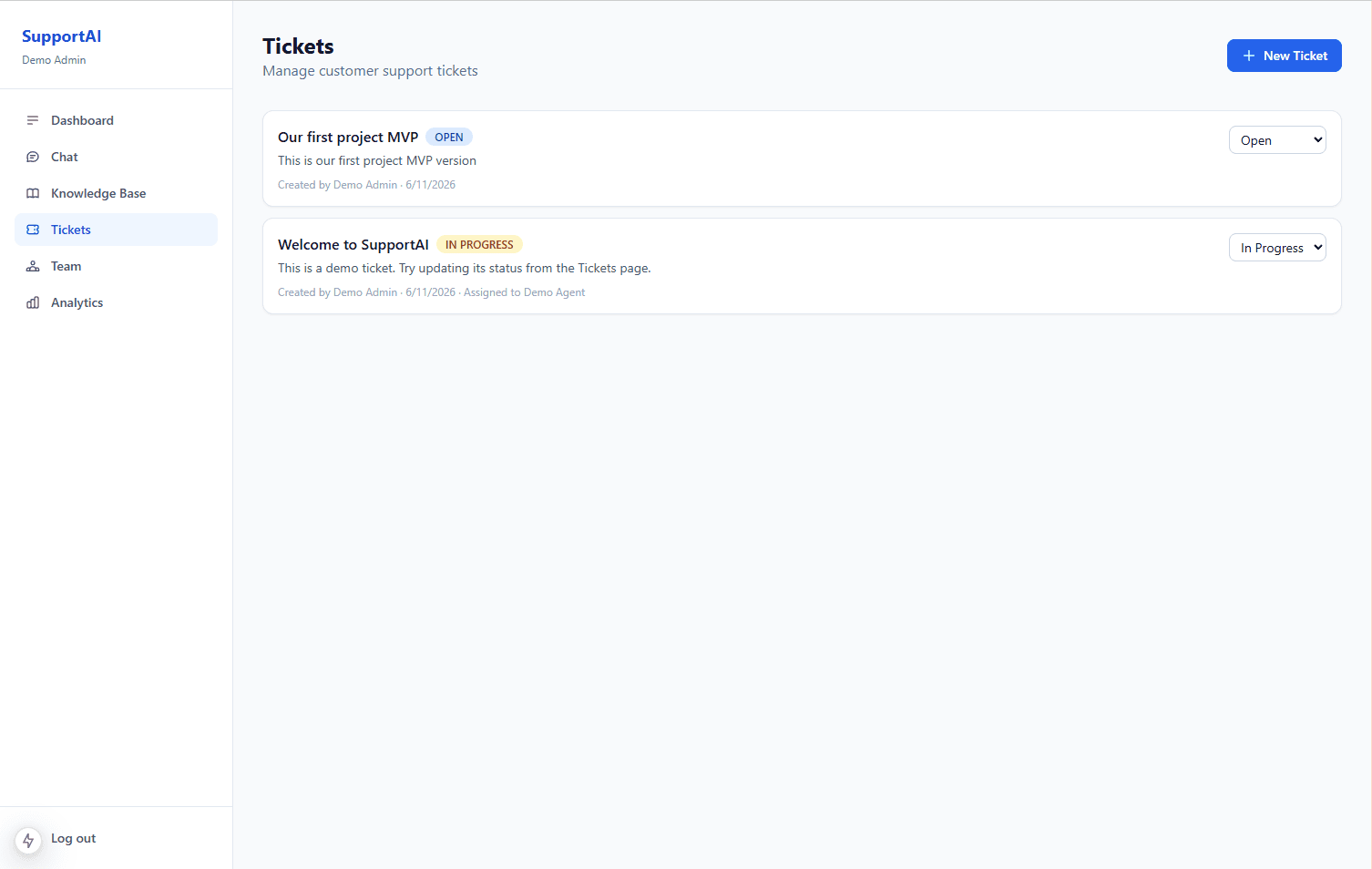 Support ticket management screen